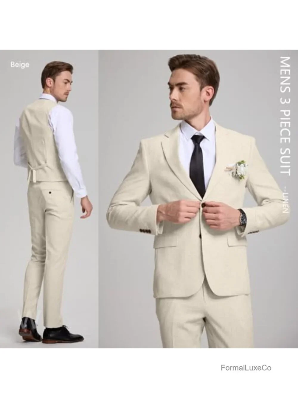 3 Piece Linen Suit for Men Slim Fit Tuxedo Blazer Vest Pants Set Wedding Prom